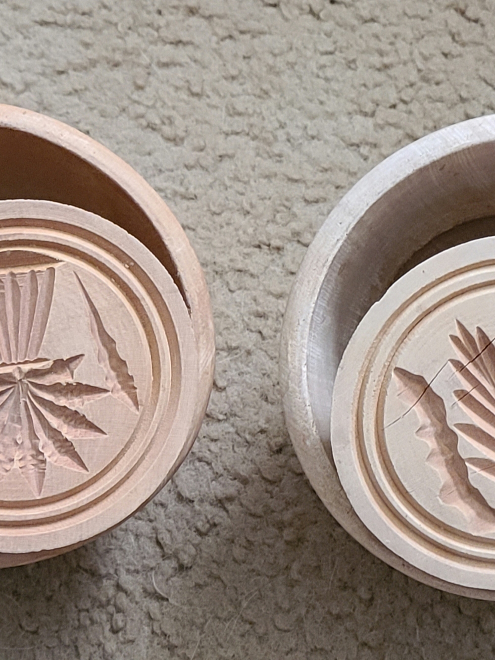Vintage Wooden Carved Butter Stamps Or Molds Pair in Natural Wood Tones